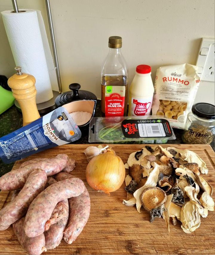 Orecchiette in a creamy Toulouse sausage and wild mushrooms sauce