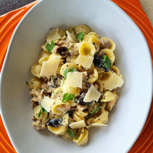 Orecchiette in a creamy Toulouse sausage and wild mushrooms sauce